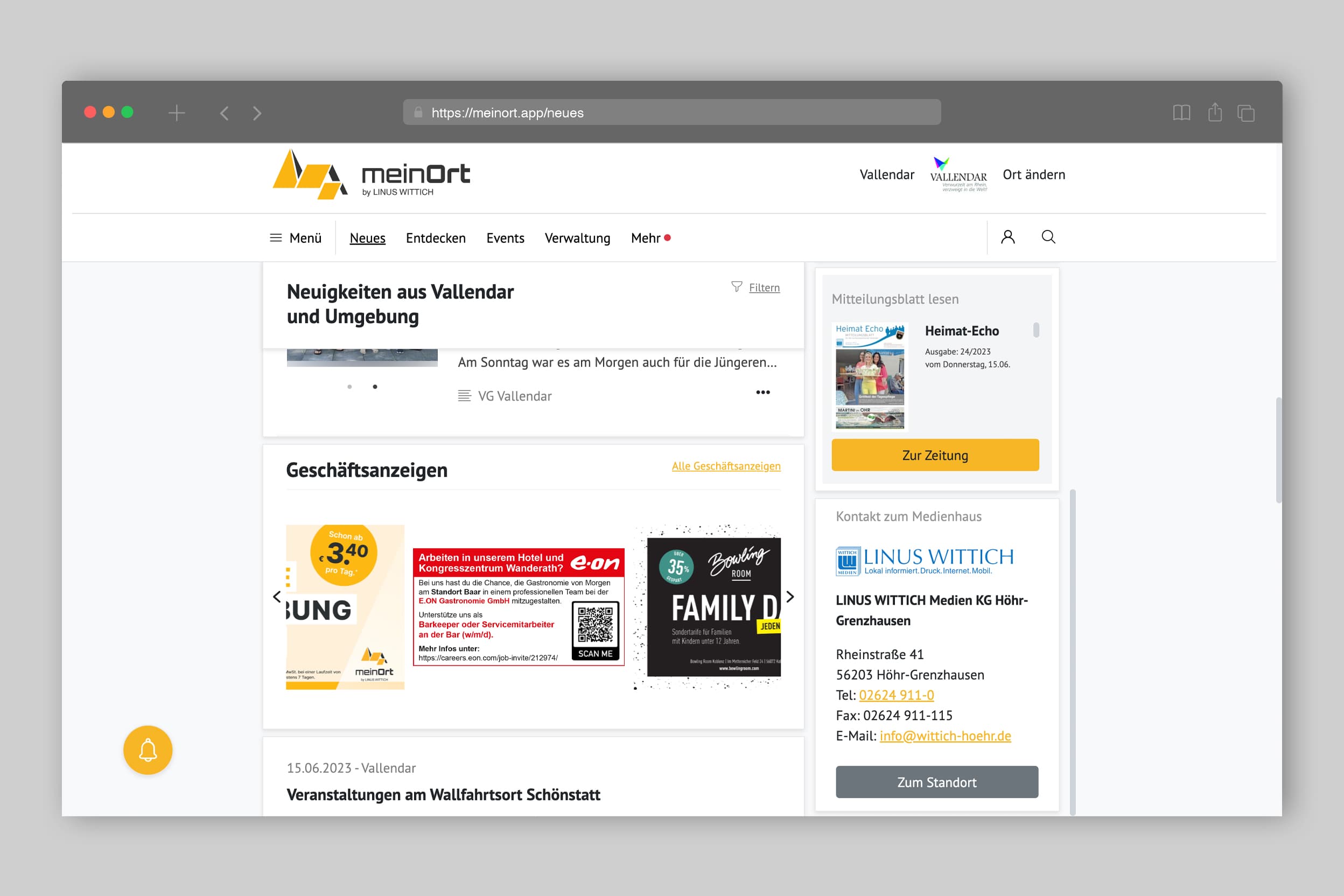 Anzeige Gastro in der meinOrt-App