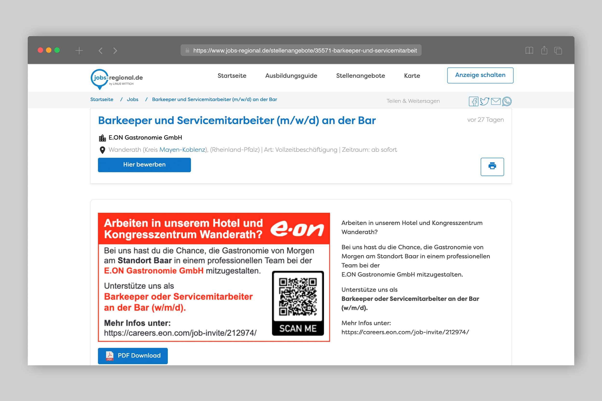 Gastro-Job Anzeige auf jobs-regional.de